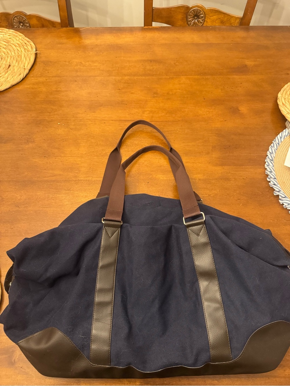 Classic Navy Canvas Duffel Bag with Brown Trim